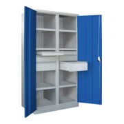 Pavoy Schwerlastschrank, Trennwand, 6 Fachböden a 200 kg, 6 Schubladen, RAL 7035/5010-3