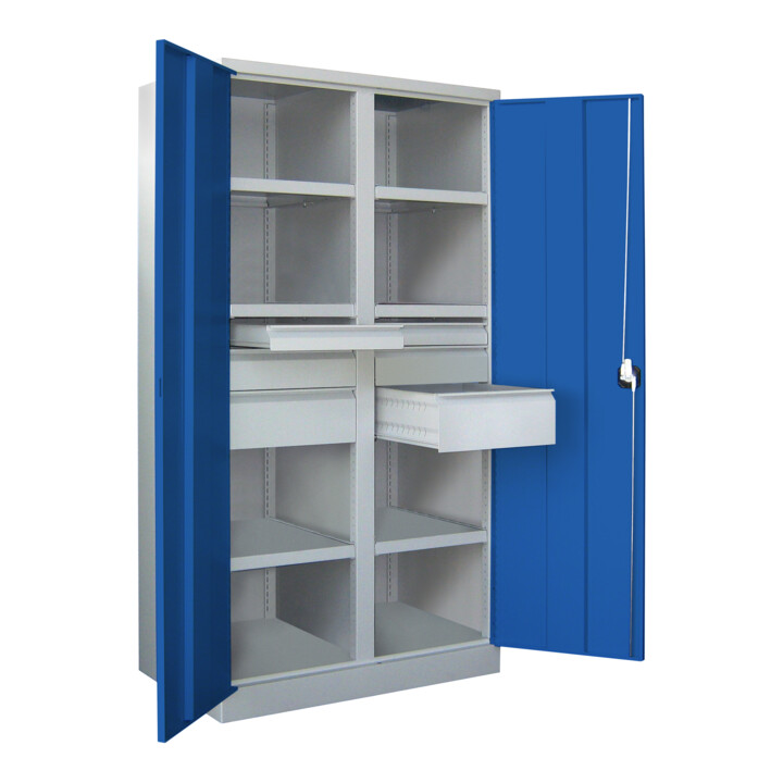 Pavoy Schwerlastschrank, Trennwand, 6 Fachböden a 200 kg, 6 Schubladen, RAL 7035/5010