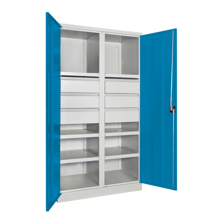 Pavoy Schwerlastschrank, Trennwand, 6 Fachböden a 200 kg, 6 Schubladen, RAL 7035/5012