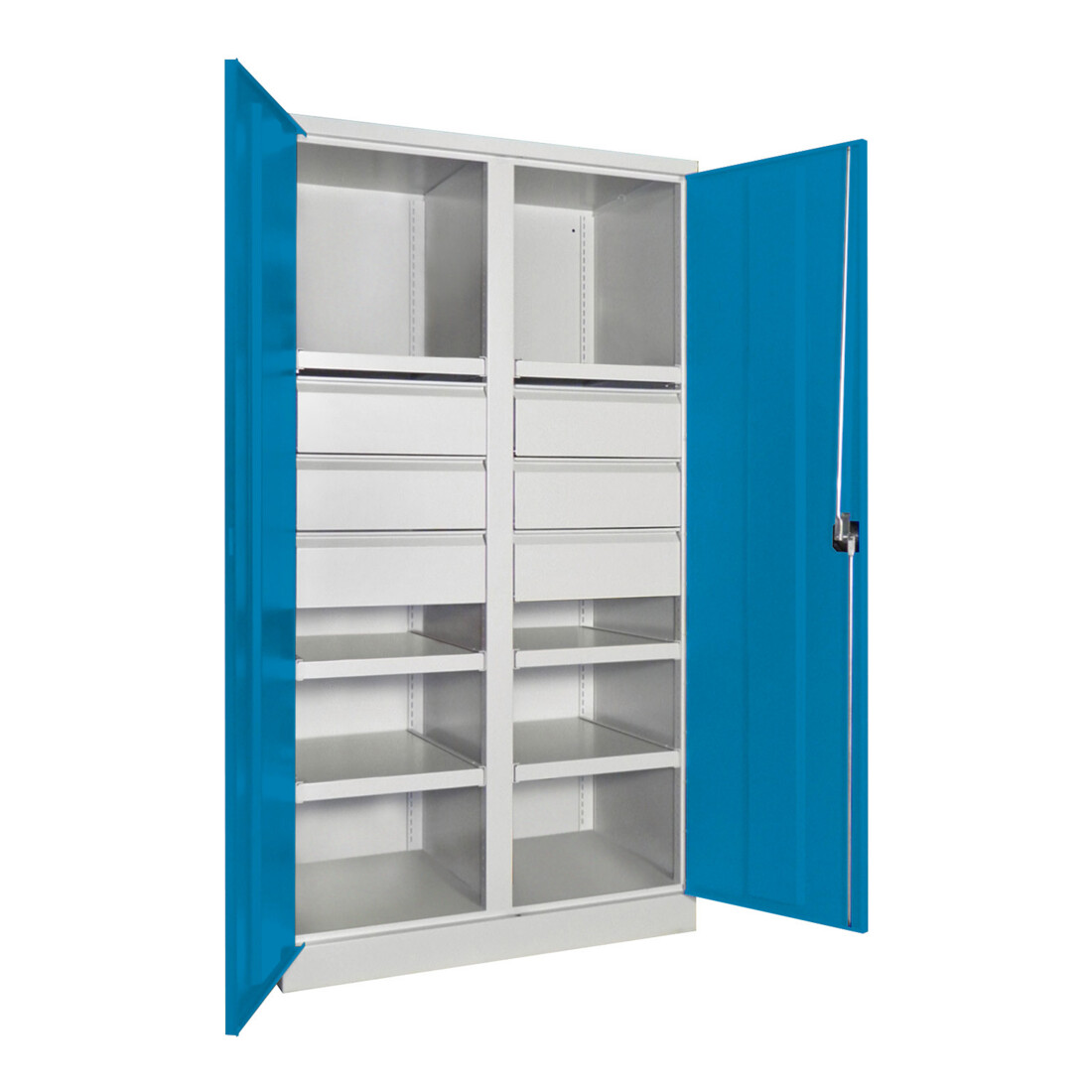 Pavoy Schwerlastschrank, Trennwand, 6 Fachböden a 200 kg, 6 Schubladen, RAL 7035/5012