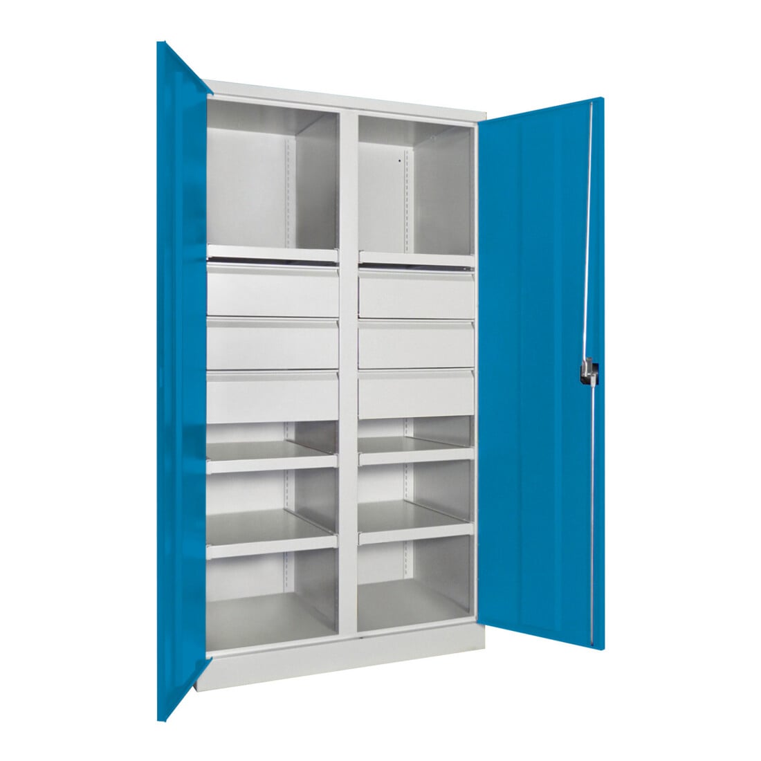 Pavoy Schwerlastschrank, Trennwand, 6 Fachböden a 200 kg, 6 Schubladen, RAL 7035/5012