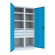 Pavoy Schwerlastschrank, Trennwand, 6 Fachböden a 200 kg, 6 Schubladen, RAL 7035/5012-3
