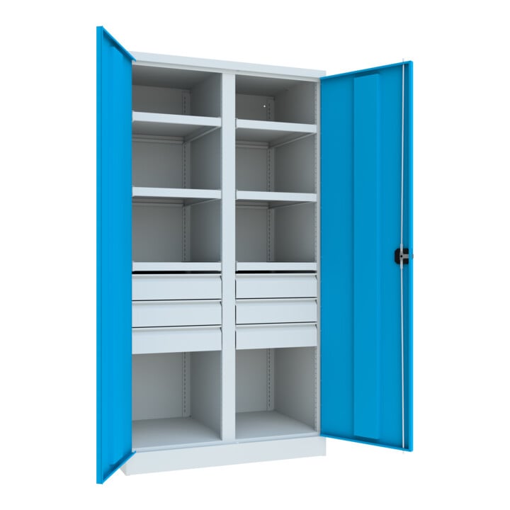 Pavoy Schwerlastschrank, Trennwand, 6 Fachböden a 200 kg, 6 Schubladen, RAL 7035/5012