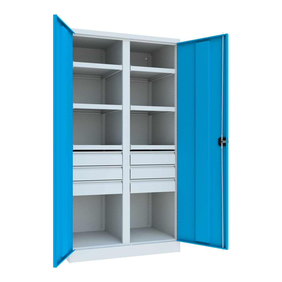 Pavoy Schwerlastschrank, Trennwand, 6 Fachböden a 200 kg, 6 Schubladen, RAL 7035/5012