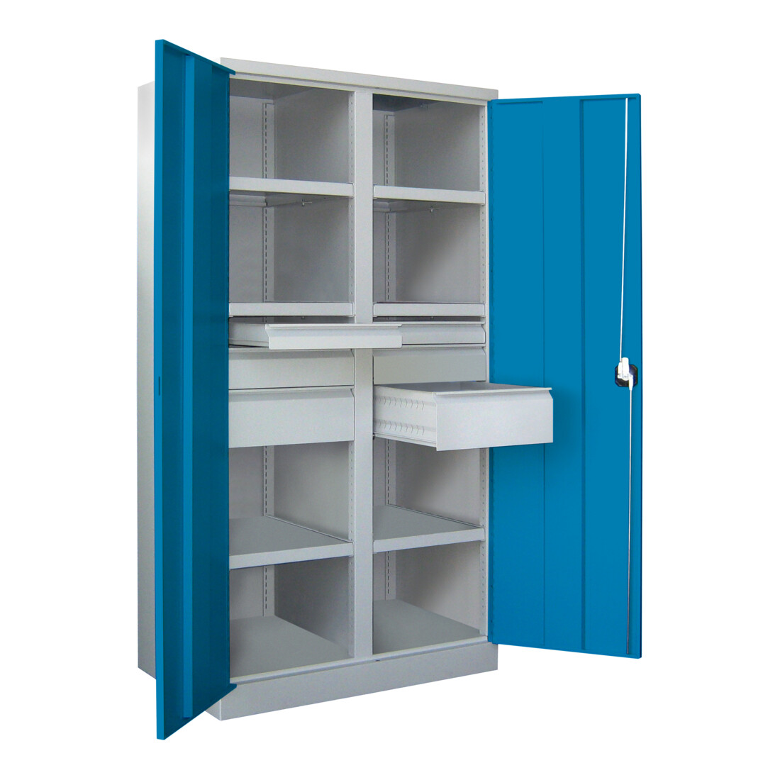 Pavoy Schwerlastschrank, Trennwand, 6 Fachböden a 200 kg, 6 Schubladen, RAL 7035/5012
