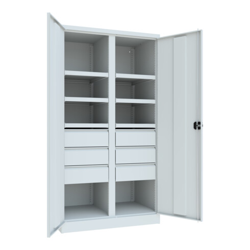 Pavoy Schwerlastschrank, Trennwand, 6 Fachböden a 200 kg, 6 Schubladen, RAL 7035