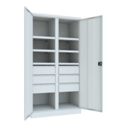 Pavoy Schwerlastschrank, Trennwand, 6 Fachböden a 200 kg, 6 Schubladen, RAL 7035-2