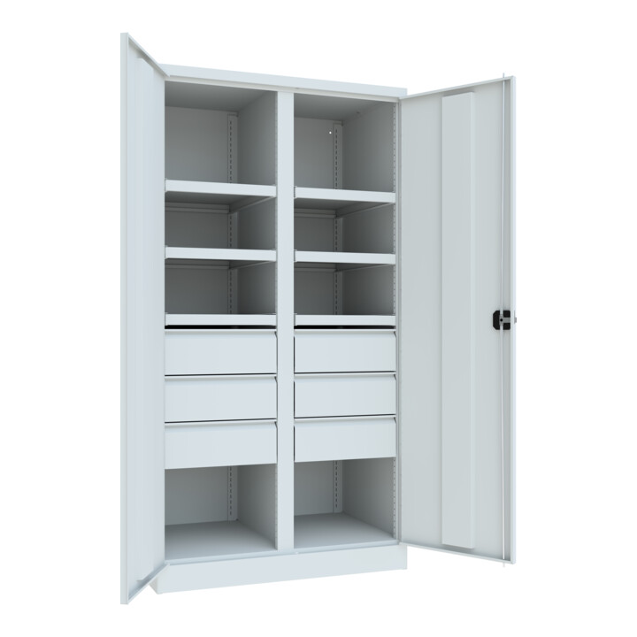 Pavoy Schwerlastschrank, Trennwand, 6 Fachböden a 200 kg, 6 Schubladen, RAL 7035