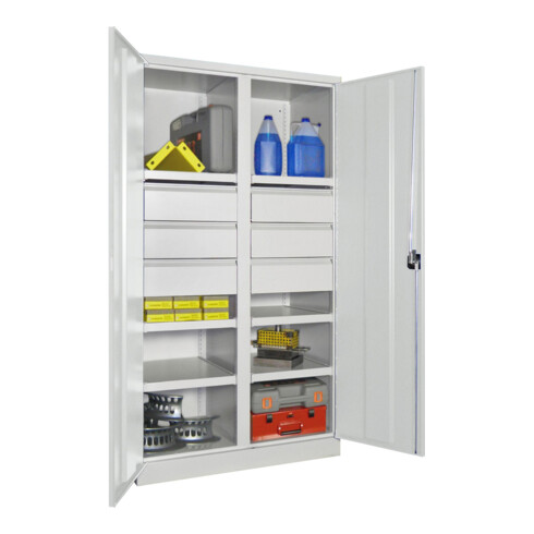 Pavoy Schwerlastschrank, Trennwand, 6 Fachböden a 200 kg, 6 Schubladen, RAL 7035