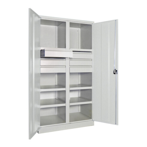 Pavoy Schwerlastschrank, Trennwand, 6 Fachböden a 200 kg, 6 Schubladen, RAL 7035