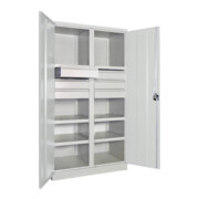 Pavoy Schwerlastschrank, Trennwand, 6 Fachböden a 200 kg, 6 Schubladen, RAL 7035-2