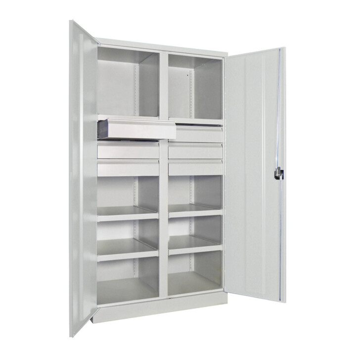 Pavoy Schwerlastschrank, Trennwand, 6 Fachböden a 200 kg, 6 Schubladen, RAL 7035