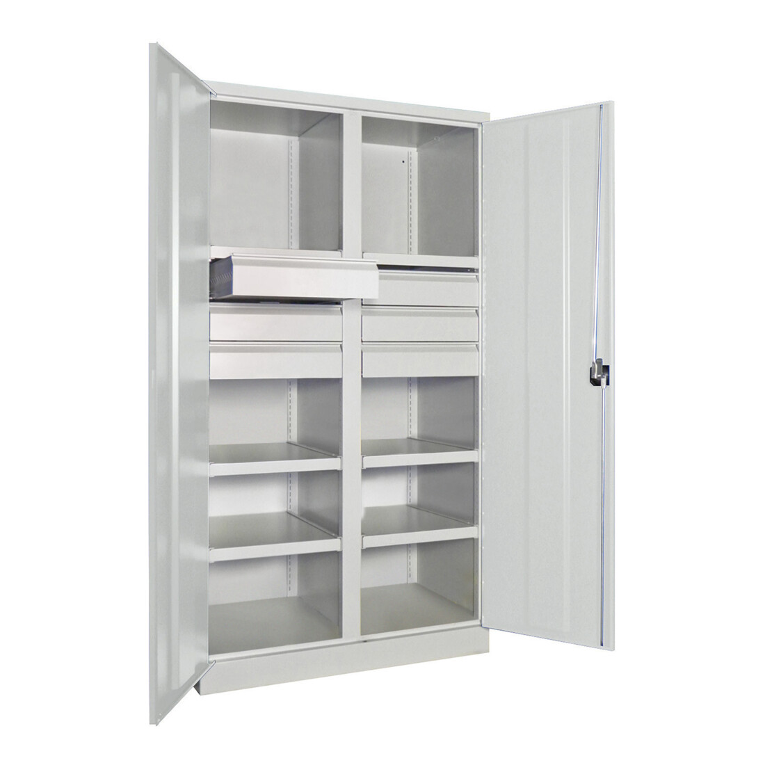 Pavoy Schwerlastschrank, Trennwand, 6 Fachböden a 200 kg, 6 Schubladen, RAL 7035