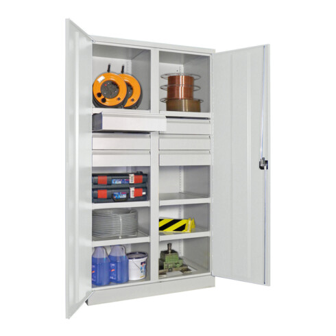 Pavoy Schwerlastschrank, Trennwand, 6 Fachböden a 200 kg, 6 Schubladen, RAL 7035