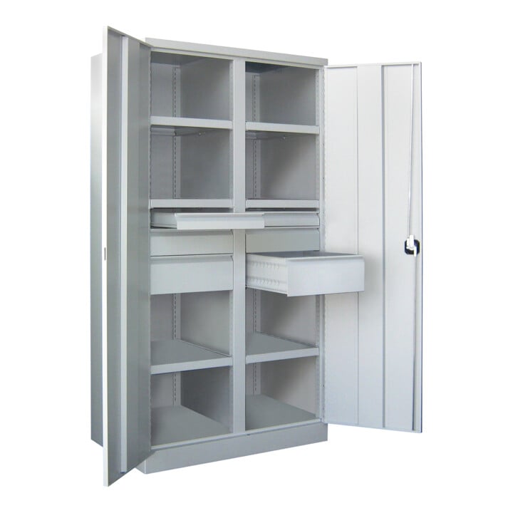 Pavoy Schwerlastschrank, Trennwand, 6 Fachböden a 200 kg, 6 Schubladen, RAL 7035