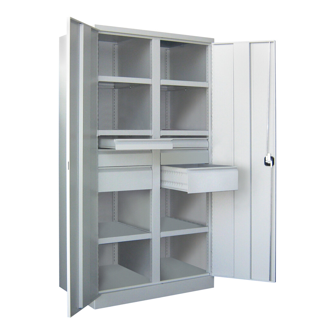 Pavoy Schwerlastschrank, Trennwand, 6 Fachböden a 200 kg, 6 Schubladen, RAL 7035