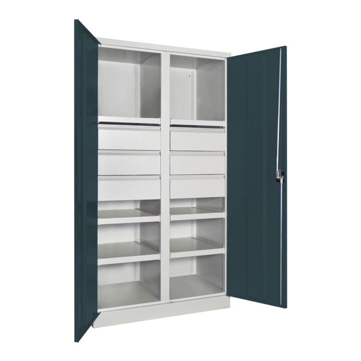 Pavoy Schwerlastschrank, Trennwand, 6 Fachböden a 200 kg, 6 Schubladen, RAL 7035/7016