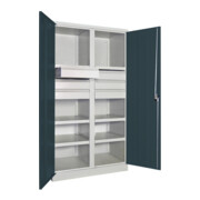 Pavoy Schwerlastschrank, Trennwand, 6 Fachböden a 200 kg, 6 Schubladen, RAL 7035/7016-3