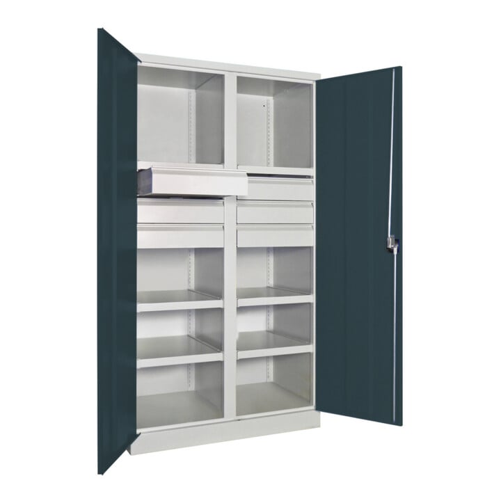 Pavoy Schwerlastschrank, Trennwand, 6 Fachböden a 200 kg, 6 Schubladen, RAL 7035/7016