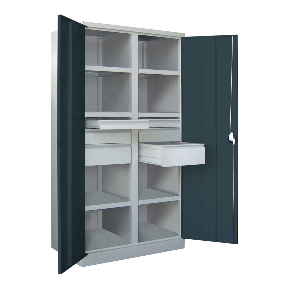 Pavoy Schwerlastschrank, Trennwand, 6 Fachböden a 200 kg, 6 Schubladen, RAL 7035/7016