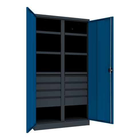 Pavoy Schwerlastschrank, Trennwand, 6 Fachböden a 200 kg, 8 Schubladen, RAL 7035/5010