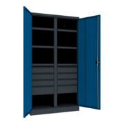 Pavoy Schwerlastschrank, Trennwand, 6 Fachböden a 200 kg, 8 Schubladen, RAL 7035/5010-3