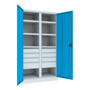 Pavoy Schwerlastschrank, Trennwand, 6 Fachböden a 200 kg, 8 Schubladen, RAL 7035/5012-3