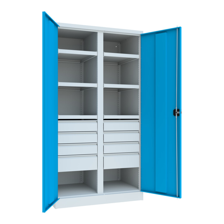 Pavoy Schwerlastschrank, Trennwand, 6 Fachböden a 200 kg, 8 Schubladen, RAL 7035/5012