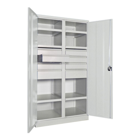 Pavoy Schwerlastschrank, Trennwand, 6 Fachböden a 200 kg, 8 Schubladen, RAL 7035