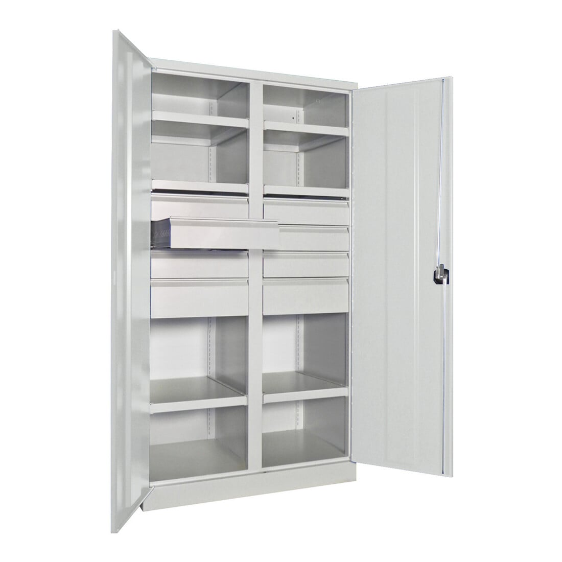 Pavoy Schwerlastschrank, Trennwand, 6 Fachböden a 200 kg, 8 Schubladen, RAL 7035