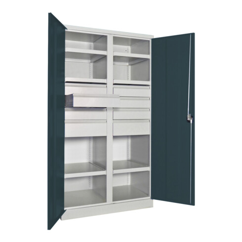Pavoy Schwerlastschrank, Trennwand, 6 Fachböden a 200 kg, 8 Schubladen, RAL 7035/7016