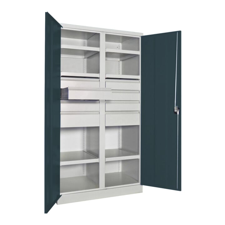 Pavoy Schwerlastschrank, Trennwand, 6 Fachböden a 200 kg, 8 Schubladen, RAL 7035/7016