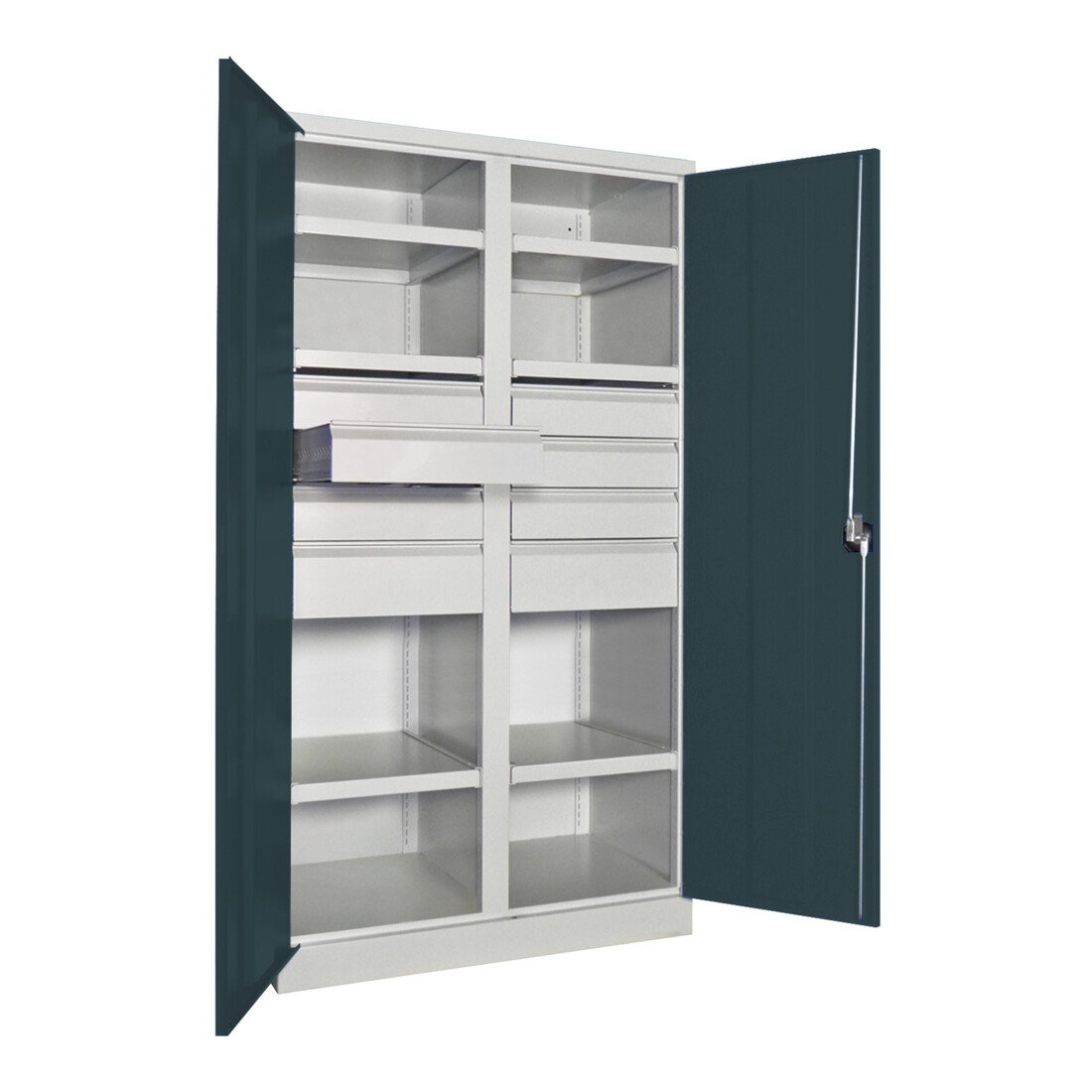 Pavoy Schwerlastschrank, Trennwand, 6 Fachböden a 200 kg, 8 Schubladen, RAL 7035/7016