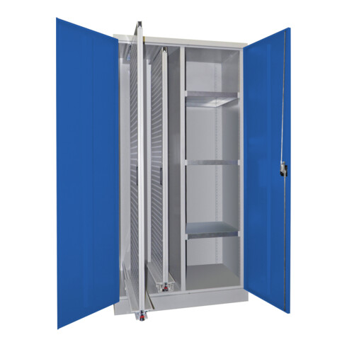 Pavoy Stahl-Vertikalauszugsschrank , Trennwand, 2 Auszüge, 3 Böden, RAL 7035/5010