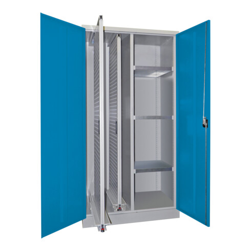 Pavoy Stahl-Vertikalauszugsschrank , Trennwand, 2 Auszüge, 3 Böden, RAL 7035/5012