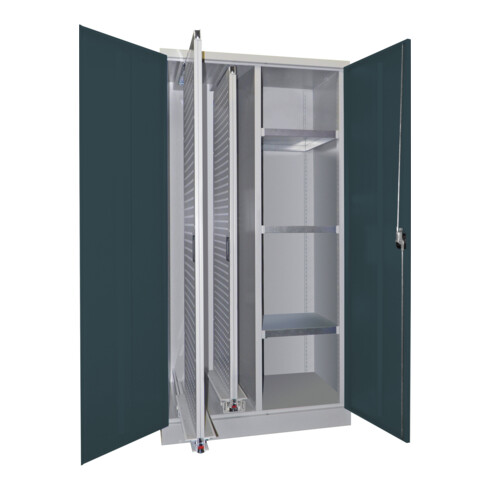 Pavoy Stahl-Vertikalauszugsschrank , Trennwand, 2 Auszüge, 3 Böden, RAL 7035/7016