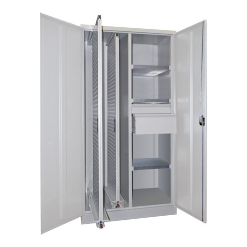 Pavoy Stahl-Vertikalauszugsschrank, Trennwand, 2 Auszüge, 3 FB, 2 Schubladen, RAL 7035