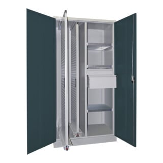 Pavoy Vertikalauszugsschrank, Trennwand, 2 Auszüge, 3 FB, 2 Schubladen, RAL 7035/7016