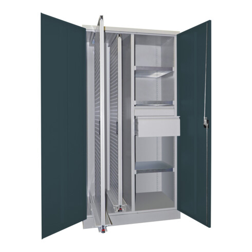 Pavoy Vertikalauszugsschrank, Trennwand, 2 Auszüge, 3 FB, 2 Schubladen, RAL 7035/7016