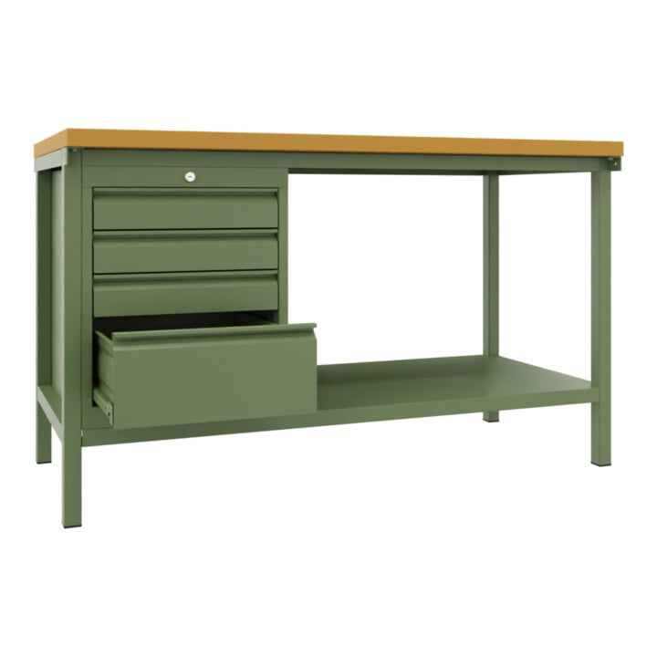 Pavoy Werkbank, 1500x700x900 mm, 1 Schubladenblock, 1 Boden, RAL 6011