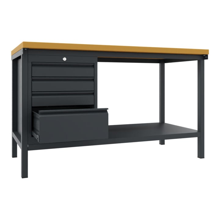 Pavoy Werkbank, 1500x700x900 mm, 1 Schubladenblock, 1 Boden, RAL 7016