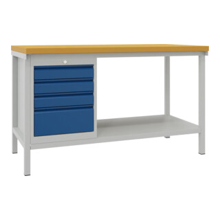Pavoy Werkbank, 1500x700x900 mm, 1 Schubladenblock, 1 Boden, RAL 7035/5010
