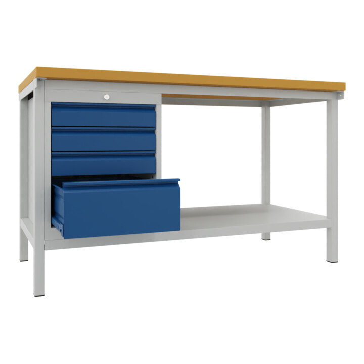 Pavoy Werkbank, 1500x700x900 mm, 1 Schubladenblock, 1 Boden, RAL 7035/5010