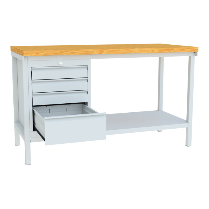 Pavoy Werkbank, 1500x700x900 mm, 1 Schubladenblock, 1 Boden, RAL 7035