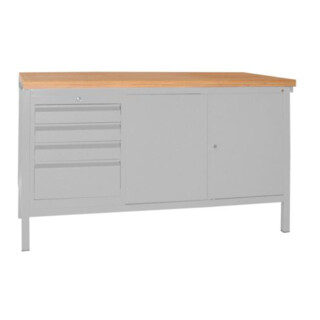 Pavoy Werkbank, 1500x700x900 mm, 1 Schubladenblock, 1 Schrank, RAL 7035
