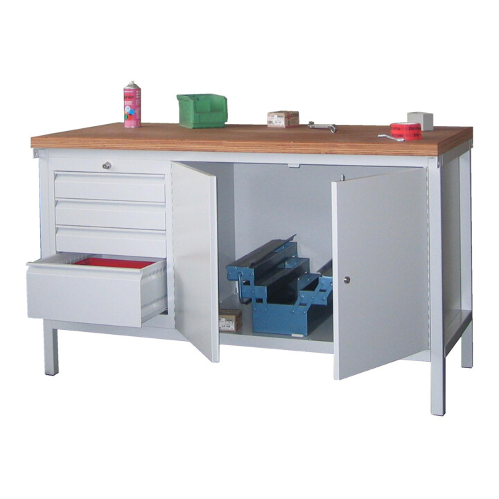 Pavoy Werkbank, 1500x700x900 mm, 1 Schubladenblock, 1 Schrank, RAL 7035
