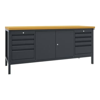 Pavoy Werkbank, 2000x700x900 mm, 2 Schubladenblöcke, 1 Schrank, RAL 7016