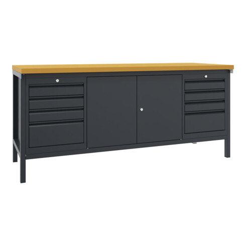 Pavoy Werkbank, 2000x700x900 mm, 2 Schubladenblöcke, 1 Schrank, RAL 7016