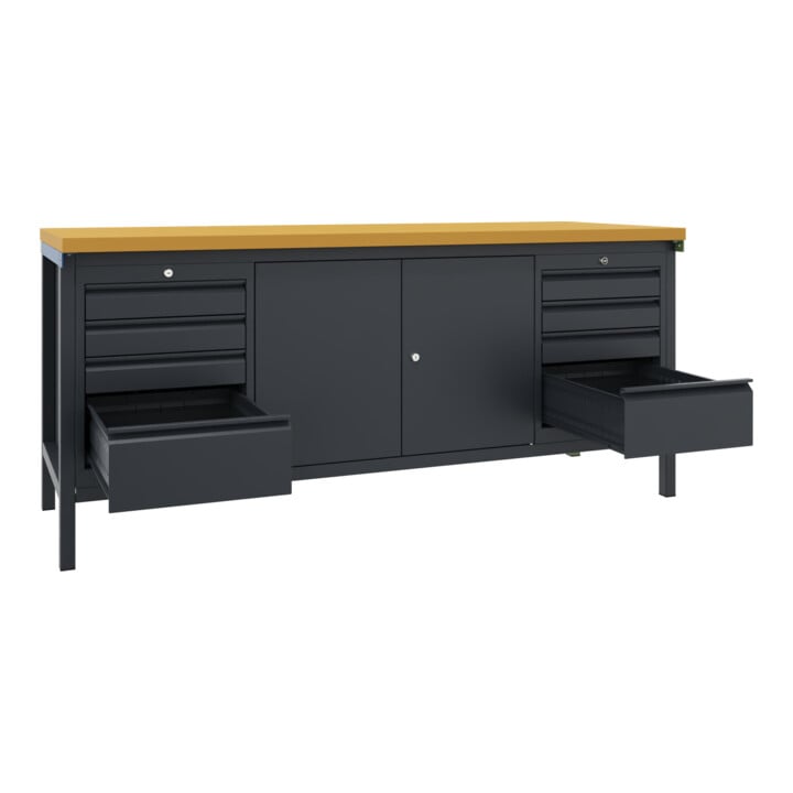 Pavoy Werkbank, 2000x700x900 mm, 2 Schubladenblöcke, 1 Schrank, RAL 7016