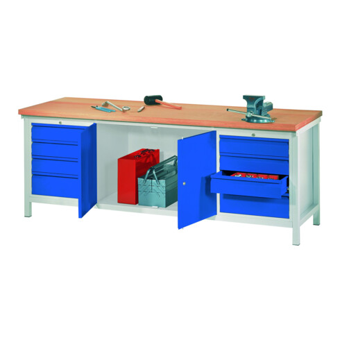Pavoy Werkbank, 2000x700x900 mm, 2 Schubladenblöcke, 1 Schrank, RAL 7035/5010